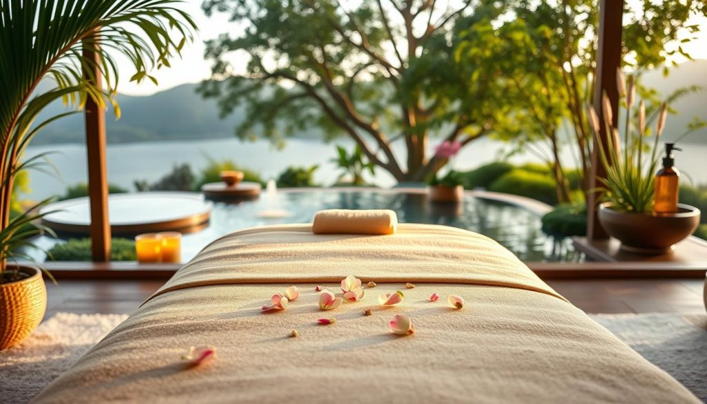 A serene spa-like setting featuring a soothing massage table surrounded by lush greenery and soft lighting. Calming essential oils diffuse in the air, creating a tranquil atmosphere. Delicate flower petals are scattered across the tabletop, adding a touch of natural beauty. The massage table is positioned in the foreground, inviting the viewer to imagine the restorative benefits of a relaxing massage session. The middle ground showcases soothing water features, such as a gentle waterfall or rippling pond, further enhancing the restorative and rejuvenating ambiance. The background features a panoramic view of a serene natural landscape, conveying a sense of harmony and well-being. A serene spa-like setting featuring a soothing massage table surrounded by lush greenery and soft lighting. Calming essential oils diffuse in the air, creating a tranquil atmosphere. Delicate flower petals are scattered across the tabletop, adding a touch of natural beauty. The massage table is positioned in the foreground, inviting the viewer to imagine the restorative benefits of a relaxing massage session. The middle ground showcases soothing water features, such as a gentle waterfall or rippling pond, further enhancing the restorative and rejuvenating ambiance. The background features a panoramic view of a serene natural landscape, conveying a sense of harmony and well-being.