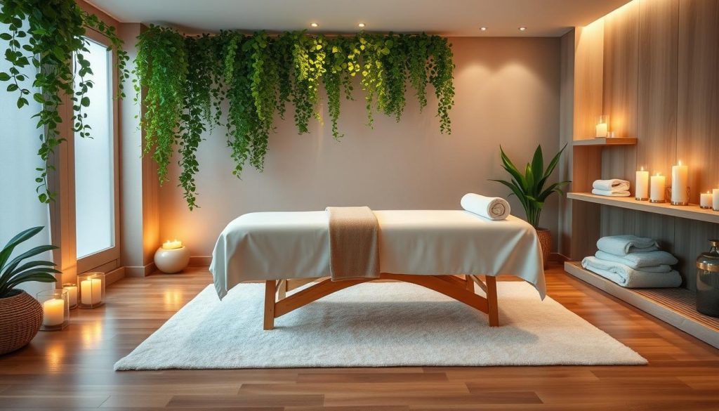 A serene spa sanctuary, with a plush massage table at the center. Soft, diffused lighting casts a warm glow, reflecting off the polished hardwood floors. Lush greenery cascades from shelves, while calming music drifts through the air. Aromatherapy candles flicker, their soothing scents mingling with the crisp, clean aroma of freshly laundered towels. The massage table is draped in plush, fluffy linens, inviting visitors to sink into a state of pure relaxation. Elegant, modern decor seamlessly blends with natural, earthy elements, creating a tranquil, rejuvenating atmosphere perfect for an indulgent spa and massage experience.