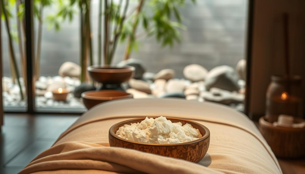 A serene spa setting with a plush massage table in the foreground, draped in soft, luxurious fabrics. In the middle ground, a wooden bowl filled with fragrant kese köpük, the traditional Turkish exfoliating ritual. Soft, diffused lighting creates a warm, inviting atmosphere, while the background showcases a tranquil scene of swaying bamboo and a zen rock garden. The overall composition evokes a sense of relaxation, rejuvenation, and the promise of a truly indulgent VIP spa experience.