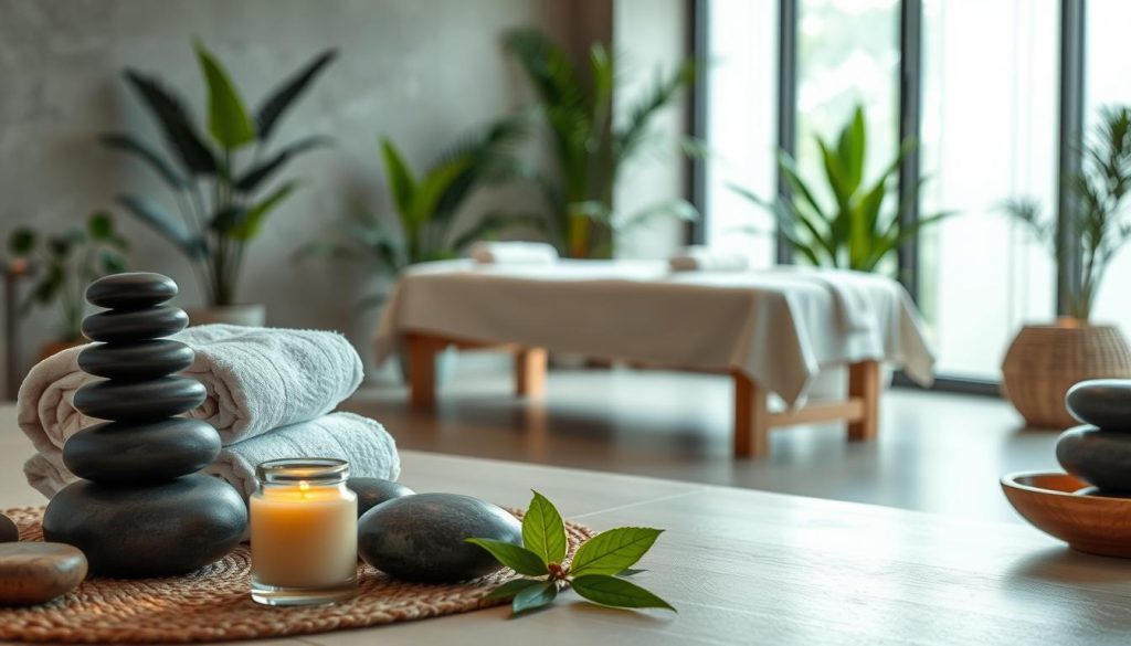 A serene spa setting, with a variety of massage techniques prominently featured. The foreground showcases various massage tools and accessories, such as heated stones, scented oils, and soft towels, arranged in a visually appealing manner. The middle ground depicts a tranquil massage table, surrounded by lush greenery and soothing natural lighting filtering through large windows. The background features a calming, zen-inspired ambiance, with muted colors and gentle textures, creating an immersive and relaxing atmosphere. The overall composition conveys the different massage modalities, their benefits, and the importance of selecting the right technique to meet individual needs and expectations.