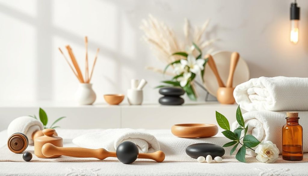 A serene spa setting with an array of massage therapy tools and techniques showcased against a backdrop of soothing natural elements. Soft lighting, clean lines, and a minimalist aesthetic create a calming ambiance. Prominently featured are various massage modalities such as traditional Swedish, deep tissue, hot stone, and aromatherapy, each represented by their distinctive tools and accessories. The overall composition conveys a sense of relaxation, wellness, and the diverse range of massage options available in Istanbul in the year 2025.