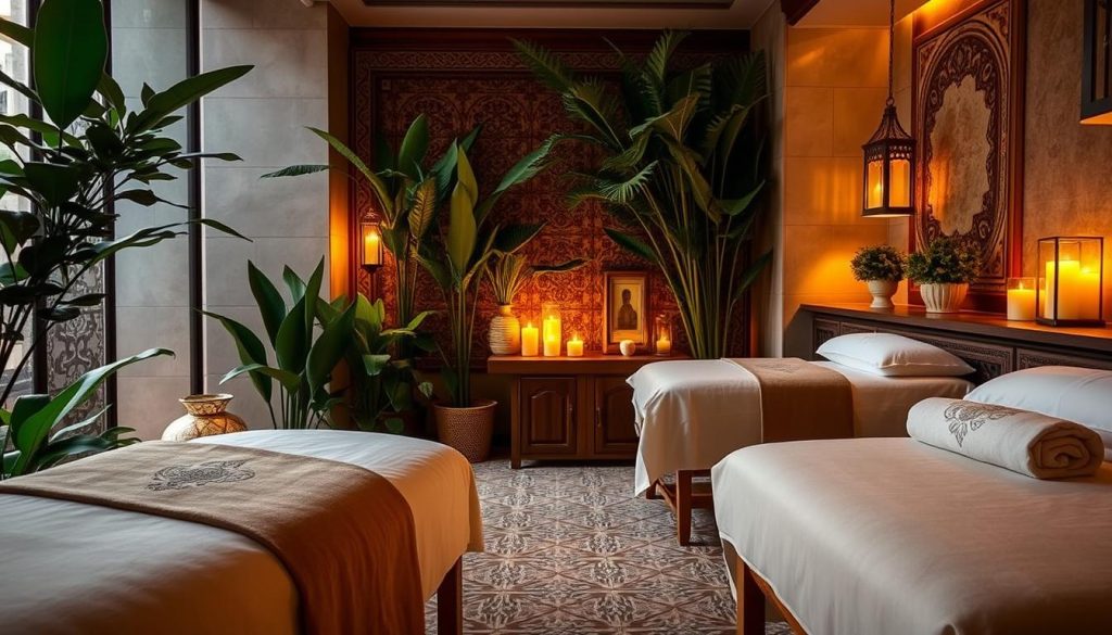 A serene spa setting with plush massage tables, soft lighting, and soothing aromatherapy candles. Lush greenery and natural elements create a tranquil atmosphere. Elegant Turkish-inspired decor, including intricate tile patterns and ornate lanterns, hint at the cultural influences. Warm, diffused lighting casts a golden glow, accentuating the luxurious textures of the linens and wooden accents. The scene evokes a sense of relaxation and rejuvenation, perfect for weary travelers seeking respite from the bustling city of Istanbul.