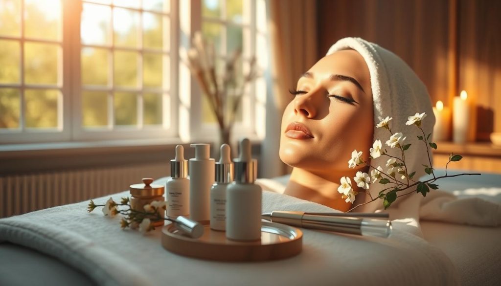 A serene spa treatment room, bathed in warm, natural light streaming through large windows. The focus is on a glowing, youthful complexion, with pore-refining skincare products and tools meticulously arranged on a sleek, minimalist table. Delicate flora and aromatic candles evoke a sense of tranquility, while soft, diffused shadows create depth and dimension. The atmosphere is one of relaxation and rejuvenation, inviting the viewer to envision themselves indulging in a luxurious, all-natural facial treatment. A serene spa treatment room, bathed in warm, natural light streaming through large windows. The focus is on a glowing, youthful complexion, with pore-refining skincare products and tools meticulously arranged on a sleek, minimalist table. Delicate flora and aromatic candles evoke a sense of tranquility, while soft, diffused shadows create depth and dimension. The atmosphere is one of relaxation and rejuvenation, inviting the viewer to envision themselves indulging in a luxurious, all-natural facial treatment.