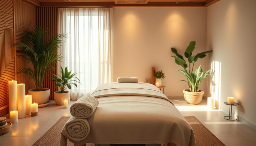 A serene, zen-like scene of a tranquil massage parlor. The interior is bathed in warm, soft lighting, with natural elements like potted plants and wooden accents creating a calming, spa-like ambiance. The massage table is positioned in the center, inviting the viewer to imagine the soothing, balancing experience of a professional massage. Plush towels and aromatherapy candles add to the overall atmosphere of relaxation and well-being. The composition emphasizes the harmony between the body and mind, reflecting the restorative benefits of massage on both physical and mental health. A serene, zen-like scene of a tranquil massage parlor. The interior is bathed in warm, soft lighting, with natural elements like potted plants and wooden accents creating a calming, spa-like ambiance. The massage table is positioned in the center, inviting the viewer to imagine the soothing, balancing experience of a professional massage. Plush towels and aromatherapy candles add to the overall atmosphere of relaxation and well-being. The composition emphasizes the harmony between the body and mind, reflecting the restorative benefits of massage on both physical and mental health.