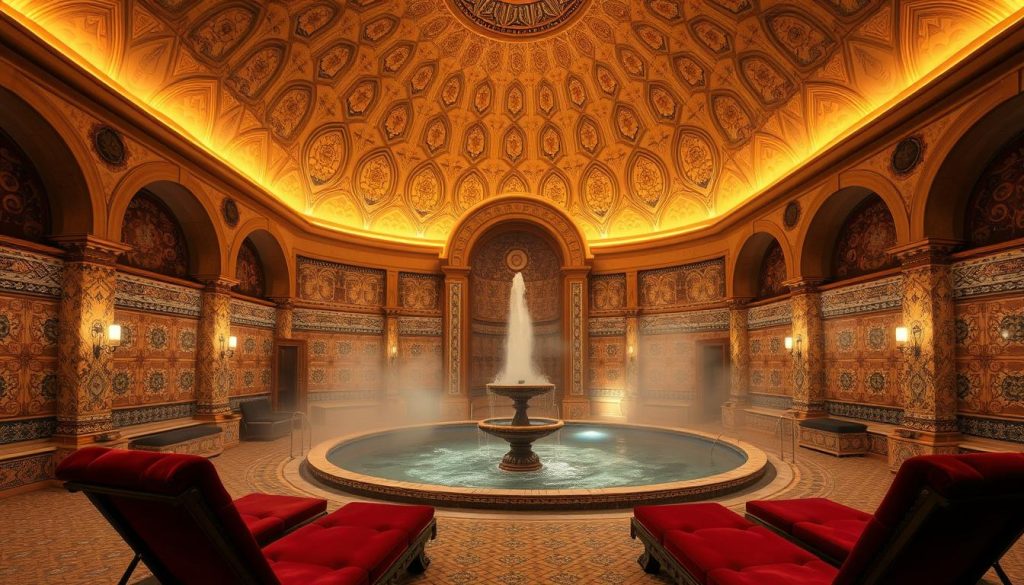 A spacious and opulent Turkish bath, with intricate tile patterns adorning the walls and floors. Domed ceilings soar overhead, casting a warm, diffused glow from the soft, ambient lighting. Plush, burgundy-colored lounge chairs beckon visitors to indulge in a moment of relaxation, while ornate fountains and ornate decorative elements evoke the grandeur of a bygone era. The steam-filled air is laced with the soothing scents of essential oils, creating a serene and luxurious atmosphere. The scene is one of timeless elegance, where the traditional Turkish hammam experience is elevated to new heights of sophistication and pampering.