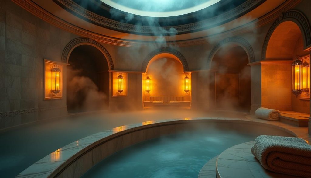 A tranquil Turkish bath (hamam) experience set in a serene, steam-filled spa environment. Warm, muted lighting casts a soft, inviting glow throughout the chamber. Plush, textured towels and luxurious marble surfaces create an atmosphere of relaxation and indulgence. Wisps of fragrant steam billow across the scene, hinting at the soothing, rejuvenating treatments to come. Ornate architectural details, such as intricate tilework and arched doorways, lend an air of timeless elegance. The overall impression is one of escaping the stresses of the outside world and surrendering to the rejuvenating power of this hidden oasis of wellness.
