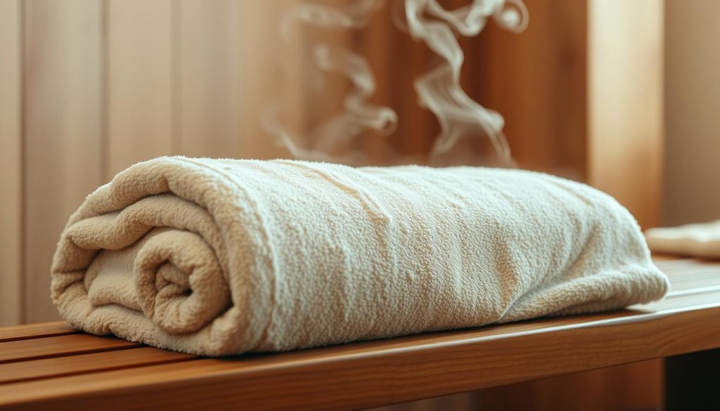 A tranquil and serene post-massage scene, captured in soft, diffused lighting. A plush, oversized towel lies folded neatly on a wooden bench, its neutral tones complementing the warm, earthy palette of the space. Subtle wisps of steam curl upwards, hinting at the restorative treatment just experienced. The composition exudes a sense of calm and restoration, inviting the viewer to envision the rejuvenating effects of the massage session.