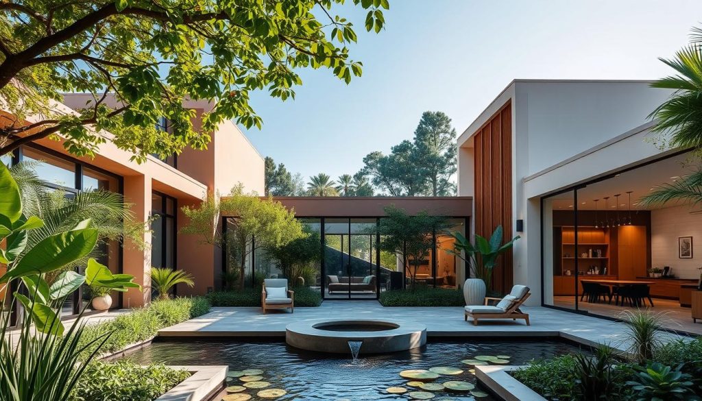 A tranquil and serene wellness center nestled amidst a lush, verdant garden. The exterior features a modern, minimalist design with clean lines, large windows, and a warm, earthy color palette. The entrance is framed by a serene water feature, creating a calming ambiance. The interior boasts a spacious, bright, and airy atmosphere, with natural light pouring in through the expansive windows. Elegant and sophisticated furnishings, such as plush lounge chairs and sleek wooden accents, create a soothing and rejuvenating environment. A central, open-plan layout showcases various wellness amenities, including a serene meditation room, a state-of-the-art fitness studio, and a luxurious spa area. The overall atmosphere evokes a sense of balance, harmony, and a retreat from the stresses of daily life. A tranquil and serene wellness center nestled amidst a lush, verdant garden. The exterior features a modern, minimalist design with clean lines, large windows, and a warm, earthy color palette. The entrance is framed by a serene water feature, creating a calming ambiance. The interior boasts a spacious, bright, and airy atmosphere, with natural light pouring in through the expansive windows. Elegant and sophisticated furnishings, such as plush lounge chairs and sleek wooden accents, create a soothing and rejuvenating environment. A central, open-plan layout showcases various wellness amenities, including a serene meditation room, a state-of-the-art fitness studio, and a luxurious spa area. The overall atmosphere evokes a sense of balance, harmony, and a retreat from the stresses of daily life.