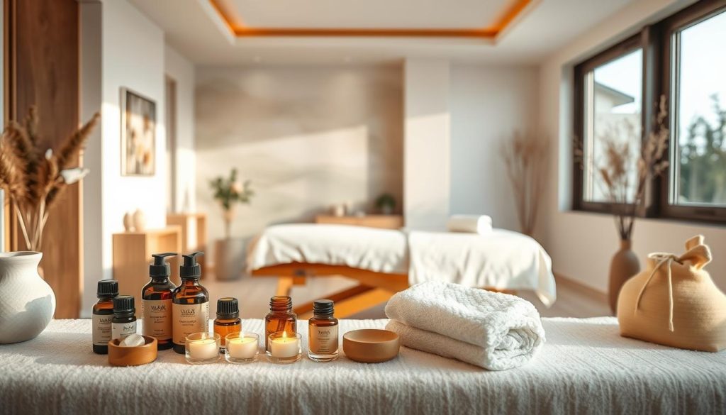 A tranquil scene of a well-appointed massage studio in Kadıköy, with soft lighting highlighting natural textures and calming tones. In the foreground, an array of essential oils, massage tools, and plush linens set the stage for a rejuvenating experience. The middle ground features a cozy treatment table, its crisp white linens and wooden frame complementing the overall serene ambiance. In the background, a soothing mural or subtle artwork adds a touch of artistry, while large windows allow natural light to filter in, creating a sense of openness and well-being. The overall atmosphere conveys the perfect balance of relaxation and rejuvenation, inviting the viewer to imagine the ultimate Kadıköy massage experience.
