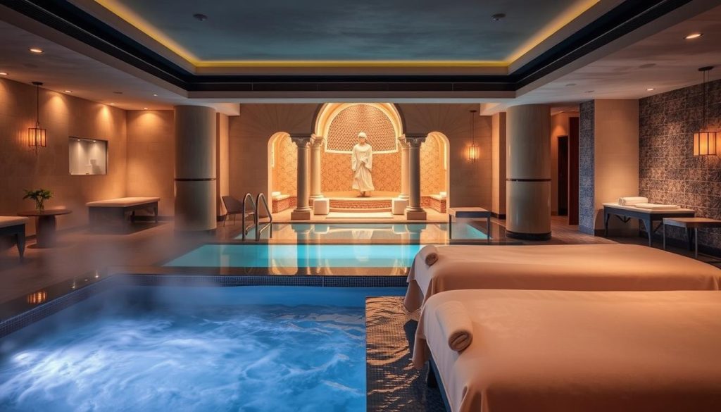 A tranquil spa sanctuary in Istanbul, with soothing lighting and plush, inviting textures. The foreground features a serene indoor pool, steam rising gently from the warm, serene waters. The middle ground showcases luxurious massage tables, draped in soft linens, ready to envelop visitors in a blissful experience. The background reveals a traditional Turkish hammam, its ornate arches and tiled walls exuding a sense of timeless elegance. The overall atmosphere radiates a calming, rejuvenating energy, inviting guests to indulge in a truly restorative spa retreat. A tranquil spa sanctuary in Istanbul, with soothing lighting and plush, inviting textures. The foreground features a serene indoor pool, steam rising gently from the warm, serene waters. The middle ground showcases luxurious massage tables, draped in soft linens, ready to envelop visitors in a blissful experience. The background reveals a traditional Turkish hammam, its ornate arches and tiled walls exuding a sense of timeless elegance. The overall atmosphere radiates a calming, rejuvenating energy, inviting guests to indulge in a truly restorative spa retreat.