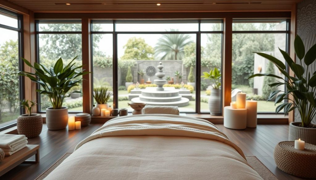 A tranquil spa scene showcasing "rahatlama teknikleri" (relaxation techniques). The foreground features a serene massage table with plush linens and calming aromatherapy candles. The middle ground showcases a cozy yet modern interior with soft lighting, natural materials like wood and stone, and lush potted plants. The background reveals a picturesque view of a serene garden oasis through large windows, evoking a sense of peace and rejuvenation. The overall atmosphere is one of deep relaxation, with a focus on the holistic spa experience targeting specific muscle and tissue concerns.