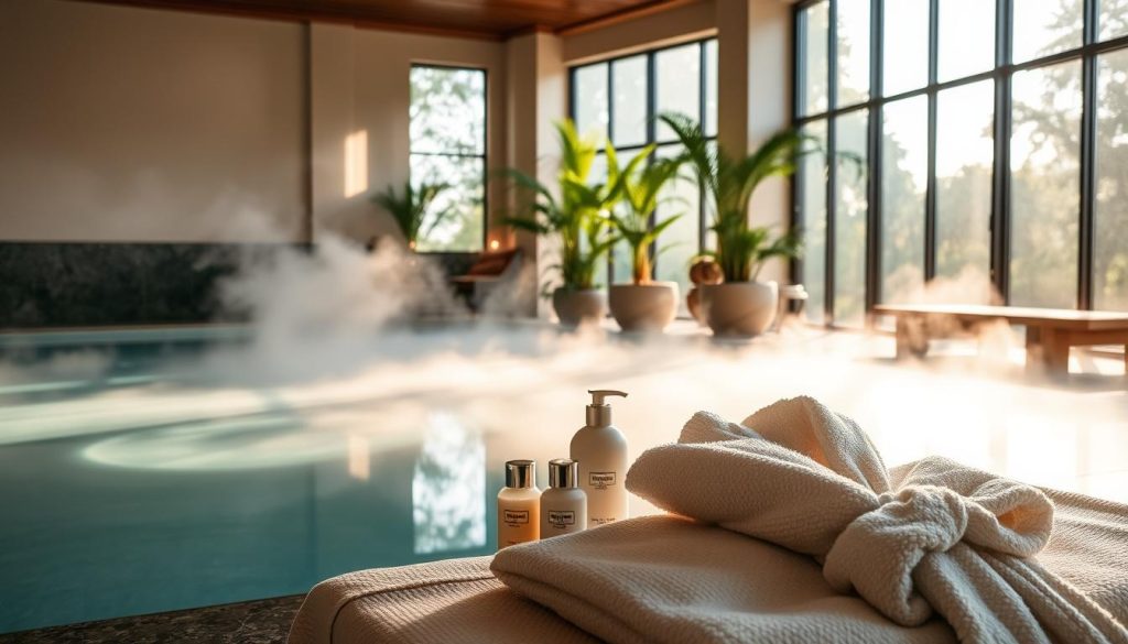 A tranquil spa scene with serene natural elements. Soft natural lighting filters through floor-to-ceiling windows, casting a warm glow on a serene indoor pool surrounded by polished stone and lush greenery. Steam rises from the water's surface, creating a calming, misty atmosphere. In the foreground, a collection of luxurious spa products and plush robes await guests, inviting them to indulge in a restorative wellness experience. The overall mood is one of relaxation, rejuvenation, and escape from the stresses of modern life.