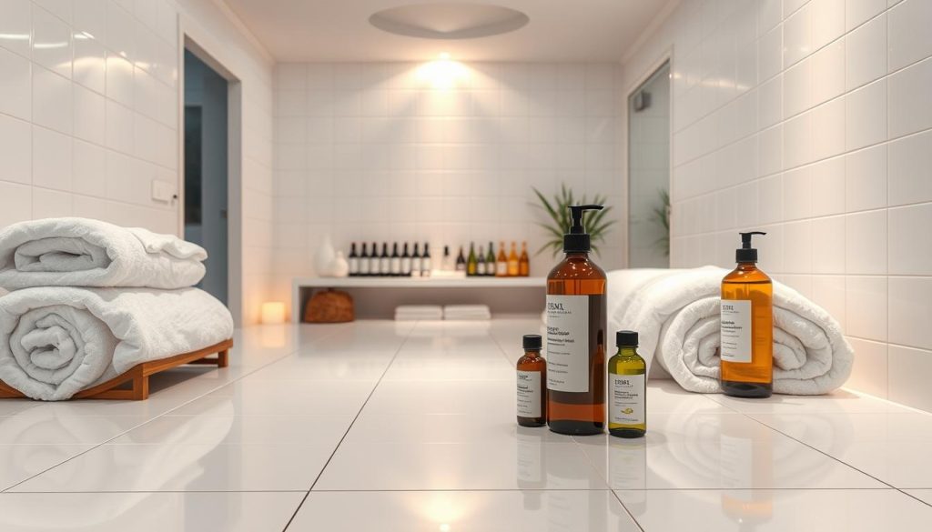 A well-lit, pristine massage room with gleaming white tiles, sparkling clean towels, and a selection of high-quality, eco-friendly massage oils neatly displayed. The room exudes a sense of tranquility and hygiene, with gentle lighting casting a warm, inviting glow. The focus is on the clean, organized environment, conveying a strong emphasis on the massage salon's attention to hygienic practices and the quality of its products. The image should communicate a sense of trust, comfort, and professionalism.