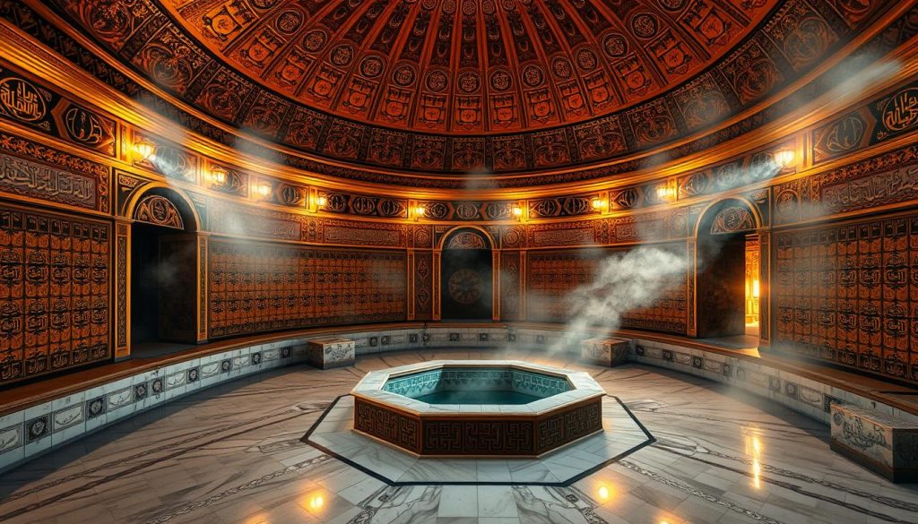 An ornate, domed interior of a traditional Turkish hammam, or bathhouse, bathed in warm, golden light. The central octagonal plunge pool is surrounded by intricately tiled walls adorned with intricate Ottoman-era patterns and inscriptions. Streams of steam rise from the heated marble slabs, creating a serene, meditative atmosphere. The scene evokes a sense of timeless tradition and calming purification, as if one has stepped back centuries into the heart of historic Istanbul, near the iconic Hagia Sophia and Sultanahmet Square.