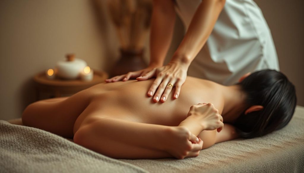 A calming and tranquil scene of a deep tissue massage session, set in a warm and inviting spa-like environment. The masseuse's skilled hands gently knead the client's muscles, relieving tension and promoting relaxation. Soft, diffused lighting casts a soothing glow, while muted, earthy tones create a serene ambiance. The client's face is not visible, allowing the focus to remain on the massage itself. The overall composition emphasizes the therapeutic nature of the treatment, conveying a sense of wellness and rejuvenation.