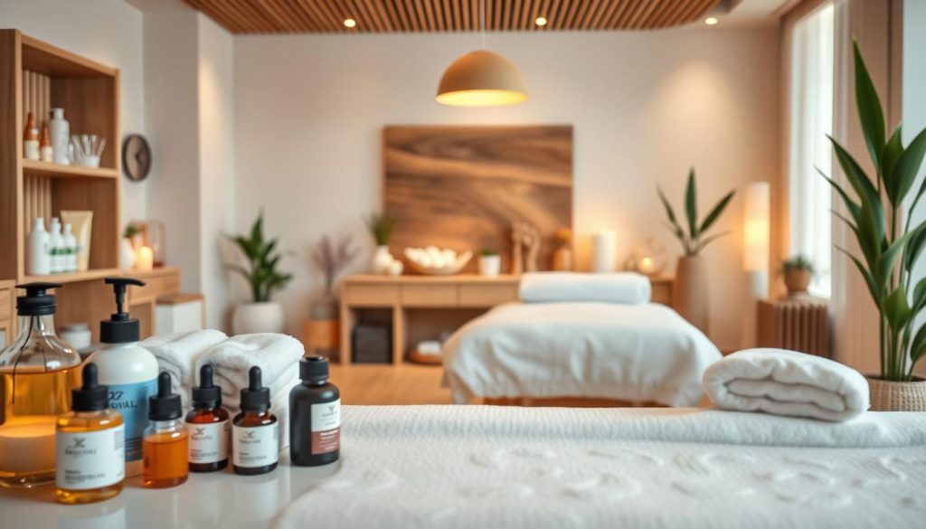 A clean, modern spa-like interior with an array of luxurious massage oils, soft towels, and high-quality massage equipment. Soft, warm lighting illuminates the scene, creating a relaxing ambiance. The foreground features neatly arranged bottles and jars of essential oils, lotions, and other massage products. The middle ground showcases a massage table with crisp, white linens and plush pillows. The background depicts soothing natural elements such as potted plants, wooden accents, and a neutral color palette that exudes tranquility. The overall scene conveys a sense of professionalism, hygiene, and a commitment to providing world-class massage services. A clean, modern spa-like interior with an array of luxurious massage oils, soft towels, and high-quality massage equipment. Soft, warm lighting illuminates the scene, creating a relaxing ambiance. The foreground features neatly arranged bottles and jars of essential oils, lotions, and other massage products. The middle ground showcases a massage table with crisp, white linens and plush pillows. The background depicts soothing natural elements such as potted plants, wooden accents, and a neutral color palette that exudes tranquility. The overall scene conveys a sense of professionalism, hygiene, and a commitment to providing world-class massage services.