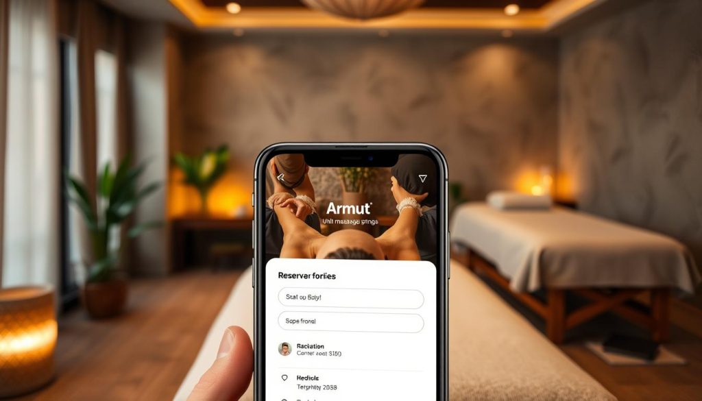 A cozy and inviting spa setting with a serene atmosphere. In the foreground, a stylized smartphone or tablet screen displays a user-friendly reservation interface, showcasing the "Armut" booking platform. The middle ground features plush massage tables draped in soft linens, creating a sense of relaxation and indulgence. The background subtly blends natural elements like plants and warm lighting, evoking a tranquil, spa-like ambiance. The overall composition emphasizes the convenience and accessibility of online booking for these premium massage experiences.
