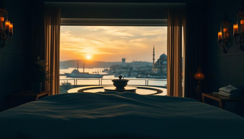 A cozy, dimly lit massage studio in Istanbul, filled with the soothing scent of aromatherapy oils. Soft lighting from candles and wall sconces creates a serene, tranquil atmosphere. In the foreground, a plush massage table draped with luxurious linens, ready to cradle the body in a blissful state of relaxation. The middle ground features a calming water feature, its gentle sounds helping to melt away stress. In the background, a serene view of the Bosphorus, with the iconic domes and minarets of the city skyline silhouetted against a golden sunset. The overall mood is one of deep tranquility, rejuvenation, and a peaceful escape from the bustling city.