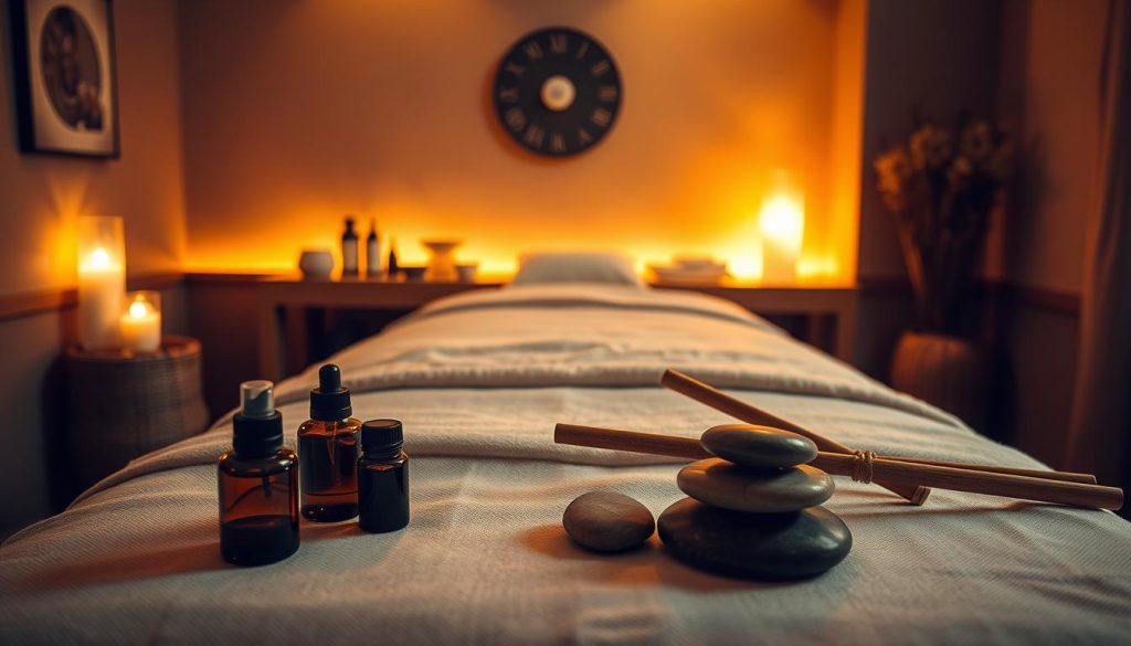 A dimly lit massage studio, the walls adorned with soft, earthy tones. In the center, a massage table draped with a plush, ivory-colored sheet. Beside it, an assortment of essential oils and massage tools, including smooth river stones and long, slender wooden rods. The lighting is warm and inviting, casting a gentle glow over the scene. The atmosphere is serene, calming, and conducive to deep relaxation. The camera angle captures the scene from a slightly elevated perspective, allowing the viewer to take in the entirety of the massage setup. The focus is on the massage tools and the tranquil ambiance, conveying the restorative nature of the deep tissue massage experience.