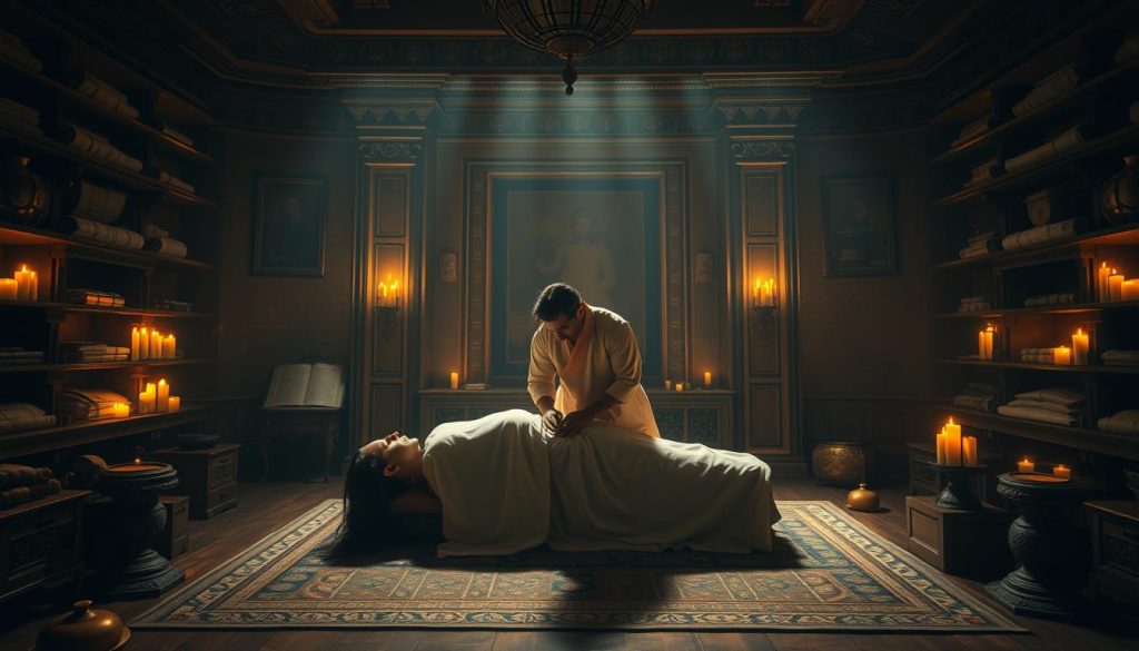 A grand, ornate chamber, dimly lit by flickering candles, sets the stage for a timeless tradition. Shelves adorned with ancient scrolls and artifacts line the walls, hinting at the rich history of massage. In the center, a skilled masseuse, garbed in flowing robes, expertly manipulates the muscles of a reclining figure, their face obscured in shadow. The air is thick with the scent of fragrant oils and the faint echo of soothing chants. This is a glimpse into the origins of massage, a practice that has evolved and endured through the ages, from the ancient civilizations to the modern day.