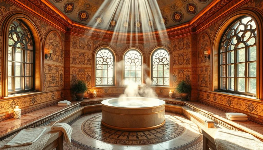 A luxurious Turkish hammam center nestled in the heart of Istanbul's Anatolian side, with a serene and inviting ambiance. The interior features intricate tilework, warm lighting, and a central domed chamber with a steaming hot marble slab. Plush towels, aromatic oils, and skilled masseuses create an immersive spa experience, transporting visitors to a realm of tranquility and rejuvenation. Sunlight filters through ornate windows, casting a soft glow over the serene setting. The overall atmosphere is one of timeless elegance and authentic Turkish traditions, perfectly capturing the essence of the region's finest masaj spa hamam merkezleri.