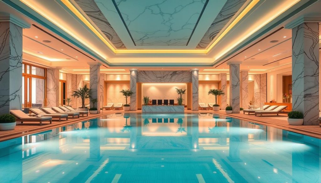 A luxurious spa oasis nestled within a grand hotel, "pürovel spa" exudes an atmosphere of tranquility and refinement. The expansive interior features soaring ceilings, warm lighting, and elegant marble accents that create a sense of opulence. In the foreground, a serene swimming pool reflects the surrounding architecture, while plush lounge chairs and lush greenery adorn the middle ground. The background showcases a sleek, modern design aesthetic with clean lines and sophisticated furnishings, evoking a high-end destination for relaxation and indulgence.