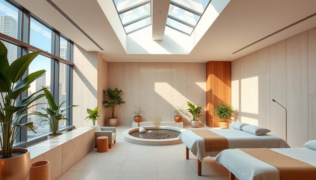 A modern, accessible spa oasis nestled in the heart of the city. An airy, sunlit lobby with sleek, minimalist furnishings invites visitors to unwind. Soothing natural materials, like smooth stone and warm wood, create a calming ambiance. Lush potted plants and a tranquil water feature set the mood for total relaxation. Skylights bathe the treatment rooms in soft, diffused light, while plush massage tables and state-of-the-art facilities promise a truly rejuvenating experience. Seamlessly blending urban convenience and serene spa luxury, this is an oasis of wellbeing in the bustling metropolis.