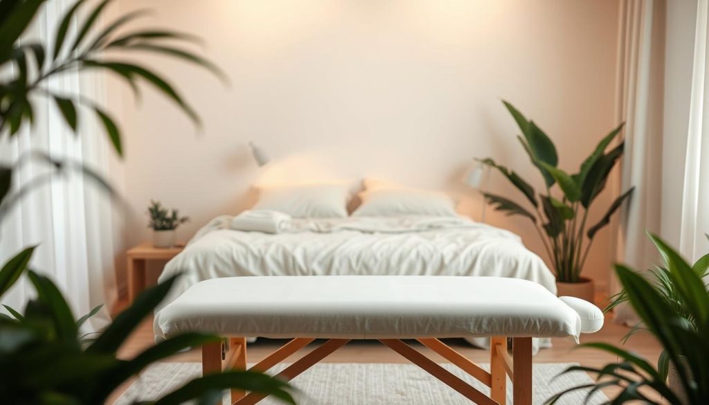 A peaceful and serene bedroom scene, with a cozy bed draped in soft, neutral-toned linens. Gentle, warm lighting casts a soothing glow, creating a calming atmosphere. In the foreground, a massage table stands, its clean, minimal design inviting relaxation. Lush, verdant plants surround the scene, their soothing green hues complementing the tranquil palette. The angle is slightly elevated, capturing the peaceful, intimate setting, with a focus on the massage table as the central element. The overall mood is one of restorative calm, a sanctuary for rejuvenating sleep and the healing powers of massage. A peaceful and serene bedroom scene, with a cozy bed draped in soft, neutral-toned linens. Gentle, warm lighting casts a soothing glow, creating a calming atmosphere. In the foreground, a massage table stands, its clean, minimal design inviting relaxation. Lush, verdant plants surround the scene, their soothing green hues complementing the tranquil palette. The angle is slightly elevated, capturing the peaceful, intimate setting, with a focus on the massage table as the central element. The overall mood is one of restorative calm, a sanctuary for rejuvenating sleep and the healing powers of massage.