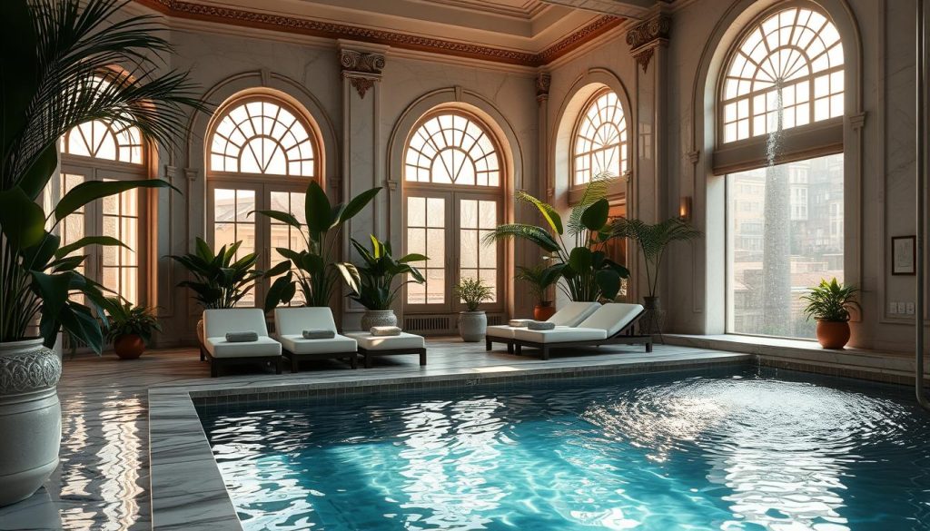 A peaceful and serene spa oasis nestled within the vibrant cityscape of Istanbul. Soft lighting filters through large, ornate windows, casting a warm glow over the elegant, marble-clad interior. Plush, oversized chaise lounges invite visitors to sink into a state of tranquil relaxation, surrounded by the soothing sounds of gently flowing water features. Lush, verdant plants and natural wood accents create a harmonious, earthy ambiance, transporting the senses to a hidden sanctuary away from the bustling city. Sunlight dances across the surface of a serene, heated pool, beckoning guests to immerse themselves in the rejuvenating waters. This is the essence of the Istanbul spa experience - a luxurious escape where ancient wellness traditions and modern indulgence converge. A peaceful and serene spa oasis nestled within the vibrant cityscape of Istanbul. Soft lighting filters through large, ornate windows, casting a warm glow over the elegant, marble-clad interior. Plush, oversized chaise lounges invite visitors to sink into a state of tranquil relaxation, surrounded by the soothing sounds of gently flowing water features. Lush, verdant plants and natural wood accents create a harmonious, earthy ambiance, transporting the senses to a hidden sanctuary away from the bustling city. Sunlight dances across the surface of a serene, heated pool, beckoning guests to immerse themselves in the rejuvenating waters. This is the essence of the Istanbul spa experience - a luxurious escape where ancient wellness traditions and modern indulgence converge.