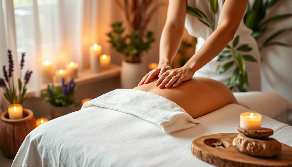 A peaceful, serene Swedish massage scene in a cozy, candlelit aromatherapy studio. Soft, warm lighting illuminates the plush, cushioned table draped with crisp white linens. Delicate aromatic candles flicker, filling the air with soothing scents of lavender, bergamot, and eucalyptus. Lush, verdant potted plants accent the tranquil atmosphere. The massage therapist's skilled hands gently knead and manipulate the client's muscles, promoting deep relaxation and unwinding tension. Smooth, polished river stones and natural wooden accessories complement the minimalist, nature-inspired decor. The overall scene exudes a sense of comfort, rejuvenation, and well-being.