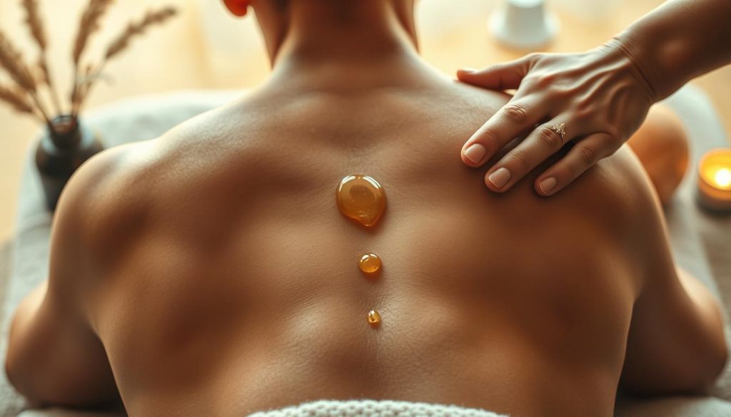 A peaceful, tranquil massage therapy scene featuring a human back with natural, organic textures. The back is relaxed, with soothing and therapeutic oils being applied by skilled hands, relieving tension and soothing aches. Warm, soft lighting illuminates the scene, creating a calming and rejuvenating atmosphere. The composition focuses on the back, neck, and shoulders, emphasizing the areas of concern. The image conveys a sense of relief, relaxation, and natural wellness, without any distracting elements.