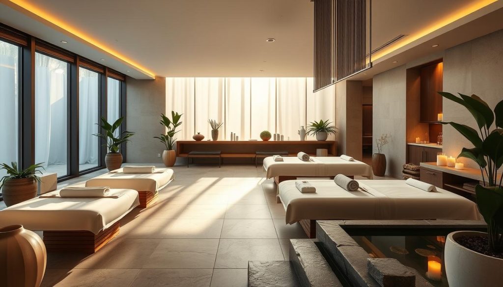 A serene and luxurious spa center, with sunlight filtering through large windows, illuminating a calming, minimalist interior. Smooth stone floors, natural wood accents, and plush treatment tables set the stage for a rejuvenating experience. Soft lighting, aromatic candles, and soothing ambient music create a tranquil atmosphere. Lush potted plants and a calming water feature add a touch of nature, while sleek, modern fixtures and fittings exude an air of sophistication. The space is designed to inspire relaxation, restoration, and a sense of balance, perfectly capturing the essence of an exceptional spa retreat.