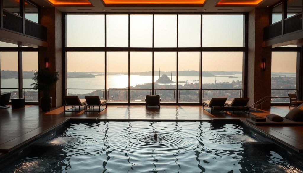 A serene and luxurious spa experience along the Bosphorus coast in Istanbul. The image depicts a spacious and elegantly designed indoor spa area, with large windows offering breathtaking views of the shimmering Bosphorus waterway and the historic Istanbul skyline in the distance. Warm, diffused lighting creates a calming ambiance, accentuating the natural stone and wood elements of the interior design. Plush lounge chairs and tranquil water features invite visitors to relax and unwind, completely immersed in the tranquility of the Bosphorus setting. The overall mood is one of serene indulgence, where the stresses of the city fade away, replaced by a sense of peace and rejuvenation.