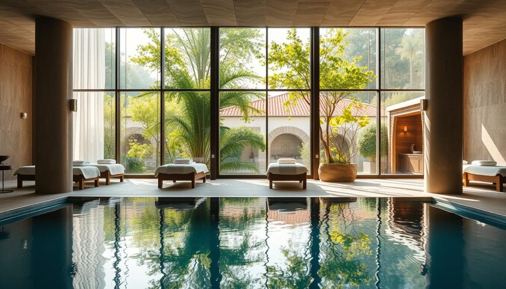 A serene and luxurious spa retreat nestled in the heart of Istanbul, showcasing a blend of modern and traditional design elements. Soft natural lighting filters through large windows, illuminating the soothing color palette of neutral tones and natural materials like stone and wood. In the foreground, a tranquil indoor pool reflects the calming atmosphere, while massage tables and treatment rooms occupy the middle ground. In the background, lush greenery and elements of Turkish architecture create a peaceful, escapist ambiance, transporting visitors to a haven of relaxation and rejuvenation.
