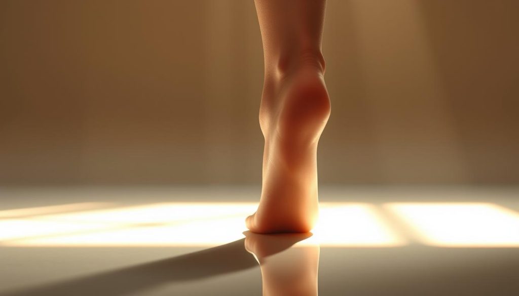 A serene and tranquil reflection map of the human foot, showcasing the intricate network of reflex zones. The image is bathed in a warm, soft light, casting a gentle glow on the detailed foot anatomy. The foot is positioned centrally, filling the frame, with a smooth, polished surface that reflects the surrounding environment, creating a sense of depth and balance. The color palette is muted and soothing, with earthy tones and subtle hues that evoke a calming, meditative atmosphere. The overall composition is clean and minimalist, allowing the viewer to focus on the intricate details of the reflexology map without distractions.