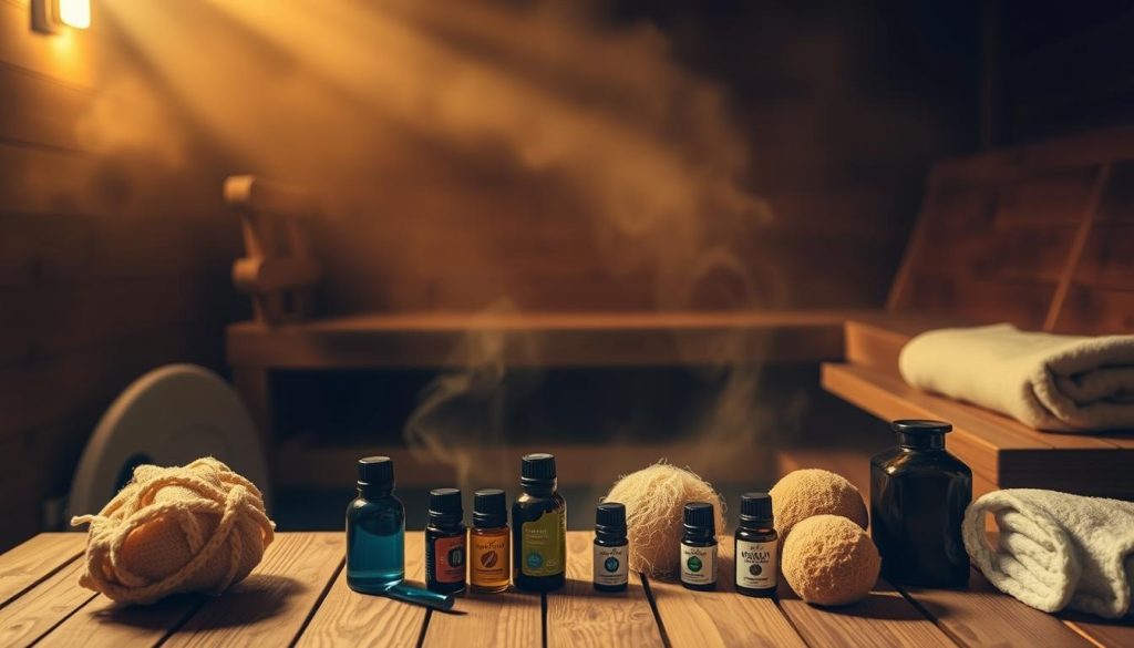 A serene and tranquil sauna interior, dimly lit with soft golden lighting, steam gently rising and obscuring the edges of the frame. The wooden benches are worn and weathered, inviting visitors to relax and unwind. In the foreground, a variety of natural sponges, essential oils, and other spa accessories are arranged, hinting at the rejuvenating rituals that occur within this space. The background is hazy, suggesting a sense of introspection and detoxification. The overall atmosphere is one of wellness, self-care, and a connection to the natural world. A serene and tranquil sauna interior, dimly lit with soft golden lighting, steam gently rising and obscuring the edges of the frame. The wooden benches are worn and weathered, inviting visitors to relax and unwind. In the foreground, a variety of natural sponges, essential oils, and other spa accessories are arranged, hinting at the rejuvenating rituals that occur within this space. The background is hazy, suggesting a sense of introspection and detoxification. The overall atmosphere is one of wellness, self-care, and a connection to the natural world.