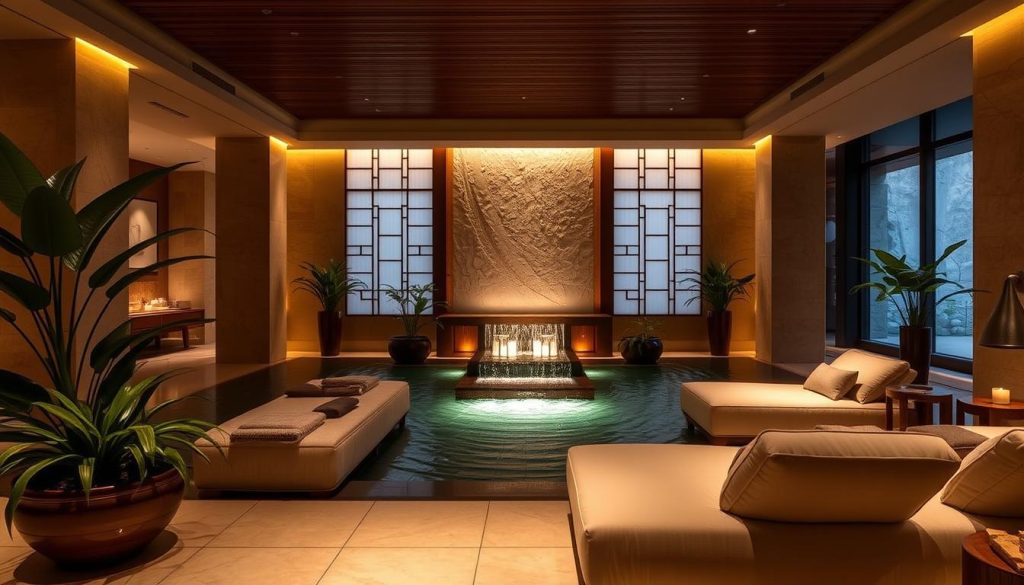 A serene and tranquil spa oasis in the heart of Istanbul, Chi The Spa at the Shangri-La Bosphorus, featuring a harmonious blend of Asian-inspired architectural elements and natural materials. Soft, warm lighting casts a soothing glow over the elegant, minimalist interior, evoking a sense of balance and rejuvenation. A central water feature with a cascading waterfall creates a calming ambiance, while plush, oversized loungers invite guests to sink into a state of pure relaxation. Lush potted plants and rich, earthy tones add to the spa's serene, natural atmosphere, transporting visitors to a haven of balance and tranquility.