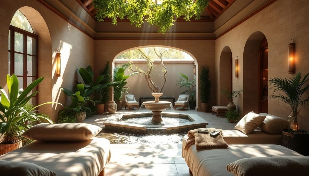 A serene and tranquil spa sanctuary, where the senses are immersed in a harmonious balance of natural elements. A sun-dappled courtyard with a flowing water feature, surrounded by lush, verdant foliage and soothing architectural details. Soft, diffused lighting creates a warm, inviting ambiance, while the gentle scent of essential oils permeates the air. Plush, neutral-toned furnishings and textiles invite guests to sink into a state of deep relaxation and rejuvenation. The overall atmosphere conveys a sense of timeless wellness, where the mind and body find respite and equilibrium.
