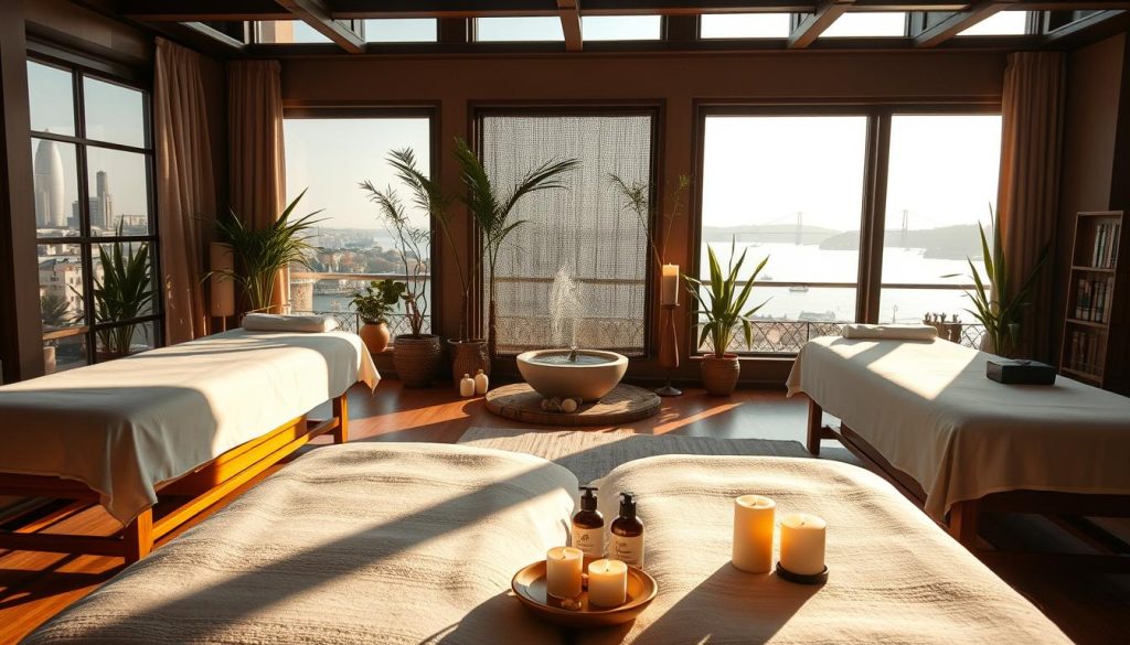 A serene and tranquil spa setting in Istanbul's Anatolian side, showcasing an array of relaxing massage experiences. Soft natural lighting filters through large windows, casting a warm glow on various massage modalities such as Swedish, deep tissue, and aromatherapy. In the foreground, plush massage tables are adorned with crisp linens and complemented by an assortment of essential oils and soothing candles. The middle ground features a zen-inspired decor with potted plants, bamboo accents, and a calming water feature. The background depicts a picturesque view of the Bosphorus, evoking a sense of harmony and rejuvenation. The overall atmosphere is one of complete relaxation and stress relief.