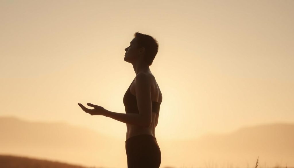 A serene, contemplative portrait of a human figure in a peaceful, natural setting. The subject stands with their eyes closed, palms facing upwards, as if in a moment of deep introspection. Soft, diffused lighting illuminates the figure's silhouette, casting a warm, calming glow. The background is a serene, minimalist landscape with subtle textures and muted colors, creating a sense of tranquility and balance. The overall composition emphasizes the connection between the body, mind, and the natural world, reflecting the idea of "listening to the body" and preparing for a therapeutic massage.