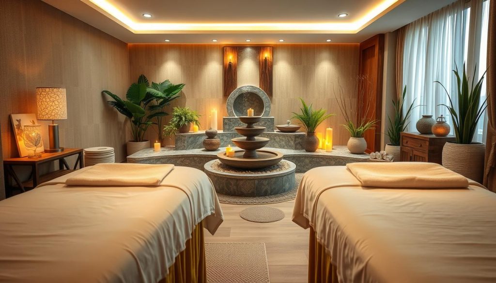 A serene, cozy massage parlor in Sancaktepe, with soft lighting and natural textures. In the foreground, plush massage tables draped in crisp white linens. Aromatic candles flicker, setting a tranquil ambiance. The middle ground features soothing water features and potted plants, creating a spa-like atmosphere. In the background, warm wooden accents and neutral-toned decor evoke a sense of relaxation. The overall scene conveys the benefits of Sancaktepe's premier massage services: a haven of rejuvenation and stress relief.