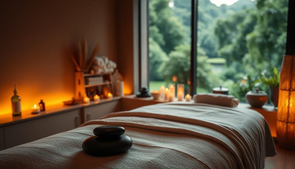 A serene, dimly lit massage therapy room with soft, warm lighting. The foreground features a therapeutic massage table draped in soft, plush linens. Fragrant essential oils diffuse throughout the space, creating a calming, tranquil atmosphere. In the middle ground, an array of massage tools and accessories, such as hot stones, aromatherapy candles, and soothing background music. The background showcases a tranquil, natural landscape with lush greenery, highlighting the restorative, holistic benefits of massage therapy. The overall composition conveys a sense of relaxation, rejuvenation, and improved well-being.