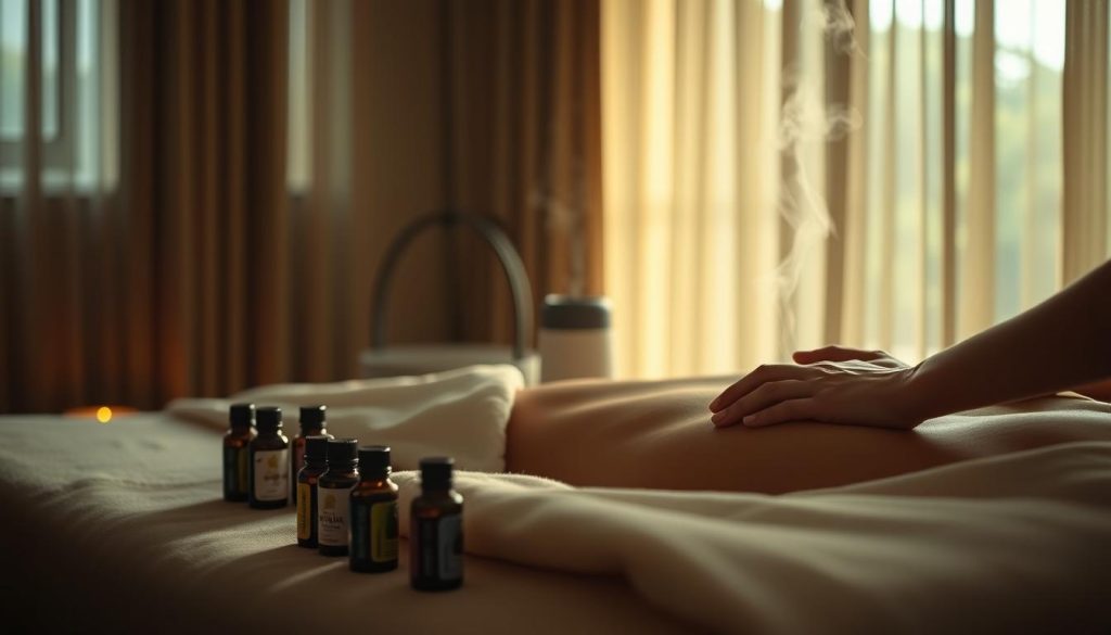 A serene, dimly lit room with a massage table draped in soft fabrics. On the table, a selection of essential oil bottles, their labels obscured, emitting a gentle fragrance. The light filters through sheer curtains, casting a warm, inviting glow. In the foreground, a masseuse's hands gently work the shoulders of a client, their movements fluid and rhythmic, as steam rises from a diffuser nearby, infusing the air with soothing aromas. The atmosphere is one of tranquility and relaxation, inviting the viewer to experience the restorative power of aromatherapy massage.