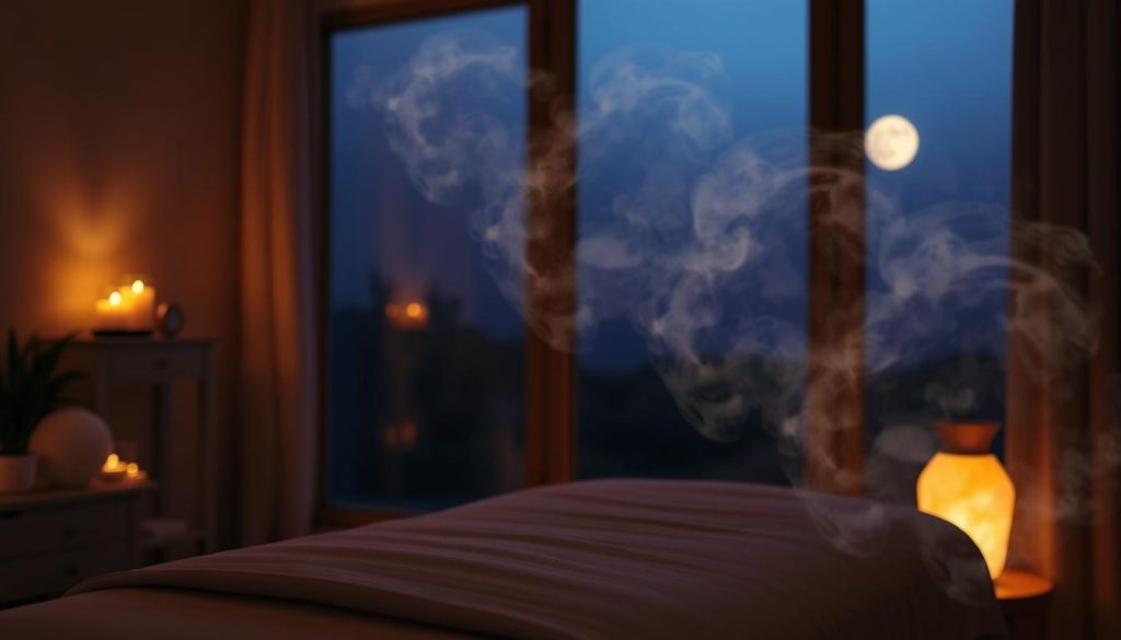 A serene, dimly lit room with a massage table in the foreground. Soft, warm lighting emanates from candles and a salt lamp, casting a soothing glow. In the background, a window overlooks a peaceful, moonlit landscape. The atmosphere is tranquil and contemplative, evoking a sense of relaxation and sleep. Wispy, ethereal clouds of melatonin-infused mist gently drift through the air, symbolizing the hormone's calming influence on the body. The scene conveys the harmonious interplay between massage, hormones, and improved sleep quality. A serene, dimly lit room with a massage table in the foreground. Soft, warm lighting emanates from candles and a salt lamp, casting a soothing glow. In the background, a window overlooks a peaceful, moonlit landscape. The atmosphere is tranquil and contemplative, evoking a sense of relaxation and sleep. Wispy, ethereal clouds of melatonin-infused mist gently drift through the air, symbolizing the hormone's calming influence on the body. The scene conveys the harmonious interplay between massage, hormones, and improved sleep quality.