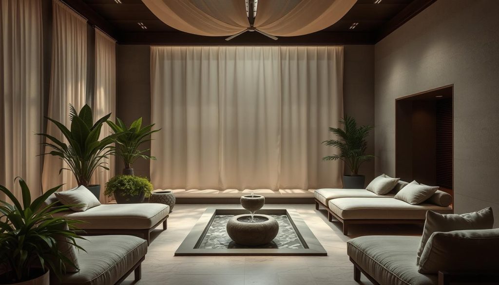 A serene, dimly lit spa sanctuary nestled in the heart of Istanbul's European side. Soft, diffused lighting filters through delicate fabric panels, casting a warm, inviting glow. Smooth, natural stone surfaces and polished wood accents create a harmonious, luxurious ambiance. Lush, verdant potted plants and subtle, earthy tones evoke a soothing, tranquil atmosphere. Plush, oversized lounge chairs and a central, gently bubbling water feature invite visitors to sink into a state of pure relaxation. Soft, muted colors and textures predominate, with thoughtful design elements that blend traditional Turkish influences with modern, minimalist sensibilities. A serene, dimly lit spa sanctuary nestled in the heart of Istanbul's European side. Soft, diffused lighting filters through delicate fabric panels, casting a warm, inviting glow. Smooth, natural stone surfaces and polished wood accents create a harmonious, luxurious ambiance. Lush, verdant potted plants and subtle, earthy tones evoke a soothing, tranquil atmosphere. Plush, oversized lounge chairs and a central, gently bubbling water feature invite visitors to sink into a state of pure relaxation. Soft, muted colors and textures predominate, with thoughtful design elements that blend traditional Turkish influences with modern, minimalist sensibilities.