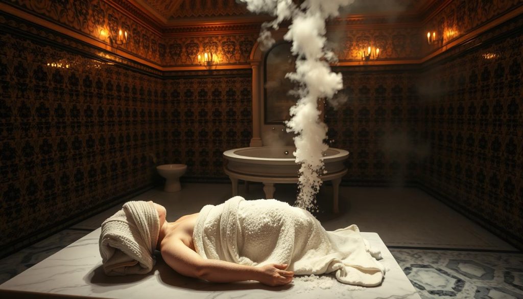 A serene, dimly lit traditional Turkish hamam interior, with intricate tiled walls and floors, and a central marble basin. In the foreground, a fluffy white towel-wrapped body rests on a marble slab, as an attendant gently applies a rich, creamy lather using a traditional kese (exfoliating mitt) and a cloud of fragrant soap suds. Soft, warm lighting illuminates the scene, creating a sense of tranquility and relaxation. The background is hazy, with hints of steam and subtle architectural details, evoking the timeless ritual of the hamam experience.