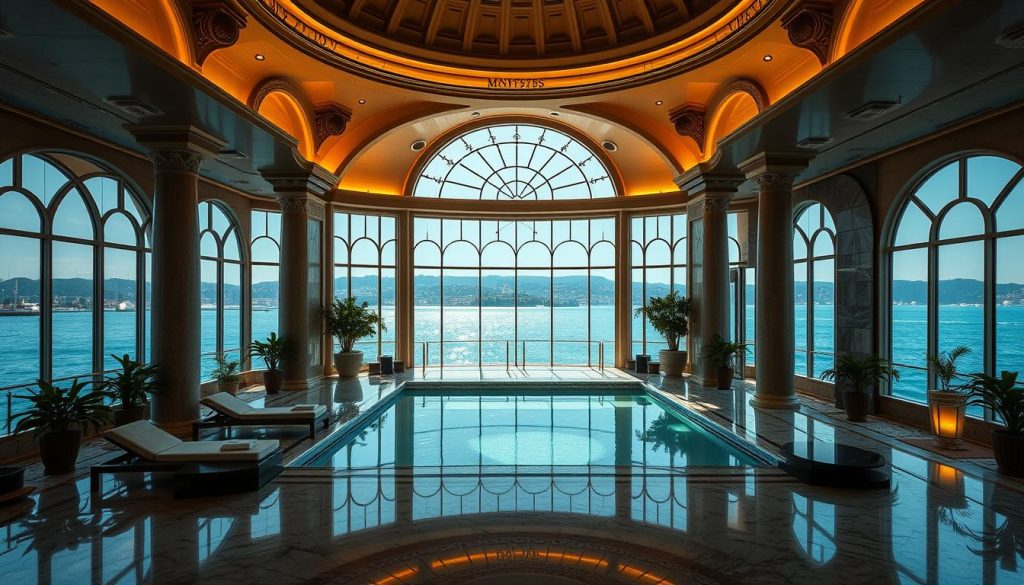 A serene, luxurious spa oasis along the Bosphorus waterfront. Towering domed ceilings and ornate columns frame a vast marble-tiled interior, illuminated by warm, ambient lighting. Plush lounge chairs and a soothing, rectangular pool set against a panoramic window overlooking the sparkling strait. Lush potted plants and traditional Turkish design elements create a harmonious, tranquil atmosphere. Soft natural light filters through large arched windows, casting a calming glow over the scene. The overall mood evokes a sense of indulgent relaxation and rejuvenation, perfectly suited for an indulgent spa wellness retreat.