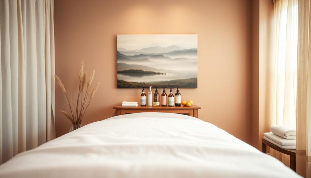 A serene massage therapy studio with soft lighting and warm, earthy tones. In the foreground, a plush massage table is draped with clean white linens, inviting the viewer to relax. In the middle ground, several elegant glass bottles containing essential oils and lotions sit neatly arranged on a wooden side table. The background features a tranquil landscape painting, evoking a sense of peacefulness and calm. The overall atmosphere is one of soothing tranquility, promoting deep relaxation and rejuvenation. A serene massage therapy studio with soft lighting and warm, earthy tones. In the foreground, a plush massage table is draped with clean white linens, inviting the viewer to relax. In the middle ground, several elegant glass bottles containing essential oils and lotions sit neatly arranged on a wooden side table. The background features a tranquil landscape painting, evoking a sense of peacefulness and calm. The overall atmosphere is one of soothing tranquility, promoting deep relaxation and rejuvenation.