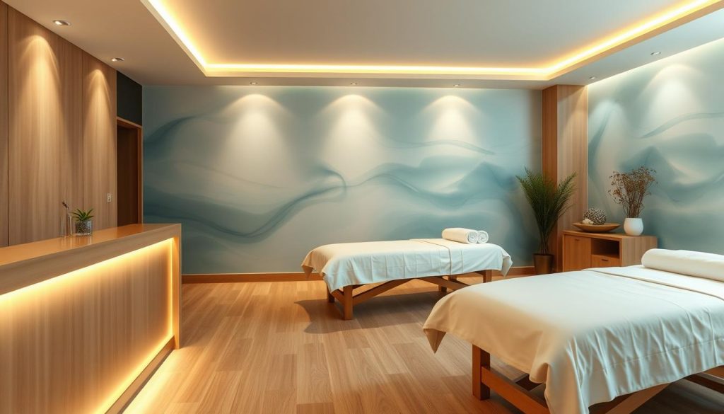 A serene, modern spa interior with a minimalist aesthetic. A chic reception desk in the foreground, accented by sleek lighting and a warm, earthy color palette. In the middle ground, a row of comfortable massage tables, their crisp white linens beckoning. The background features a soothing, abstract wall mural in calming blues and greens, creating a tranquil, relaxing atmosphere. The lighting is soft and diffused, adding to the sense of serenity. The overall composition conveys an image of a high-quality, relaxing massage experience.