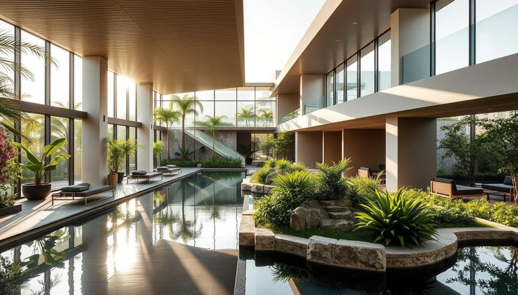 A serene, modern spa resort nestled in the heart of the city, surrounded by lush greenery and natural landscapes. Sunlight streams through expansive windows, illuminating the spacious, minimalist interiors. Sleek, contemporary architecture blends seamlessly with tranquil water features and serene meditation gardens. Plush lounge areas and state-of-the-art wellness facilities invite guests to indulge in a rejuvenating escape from the urban bustle. Elegant, earthy tones and natural materials create a calming, restorative ambiance, while a sense of privacy and exclusivity permeates the serene, resort-like atmosphere.